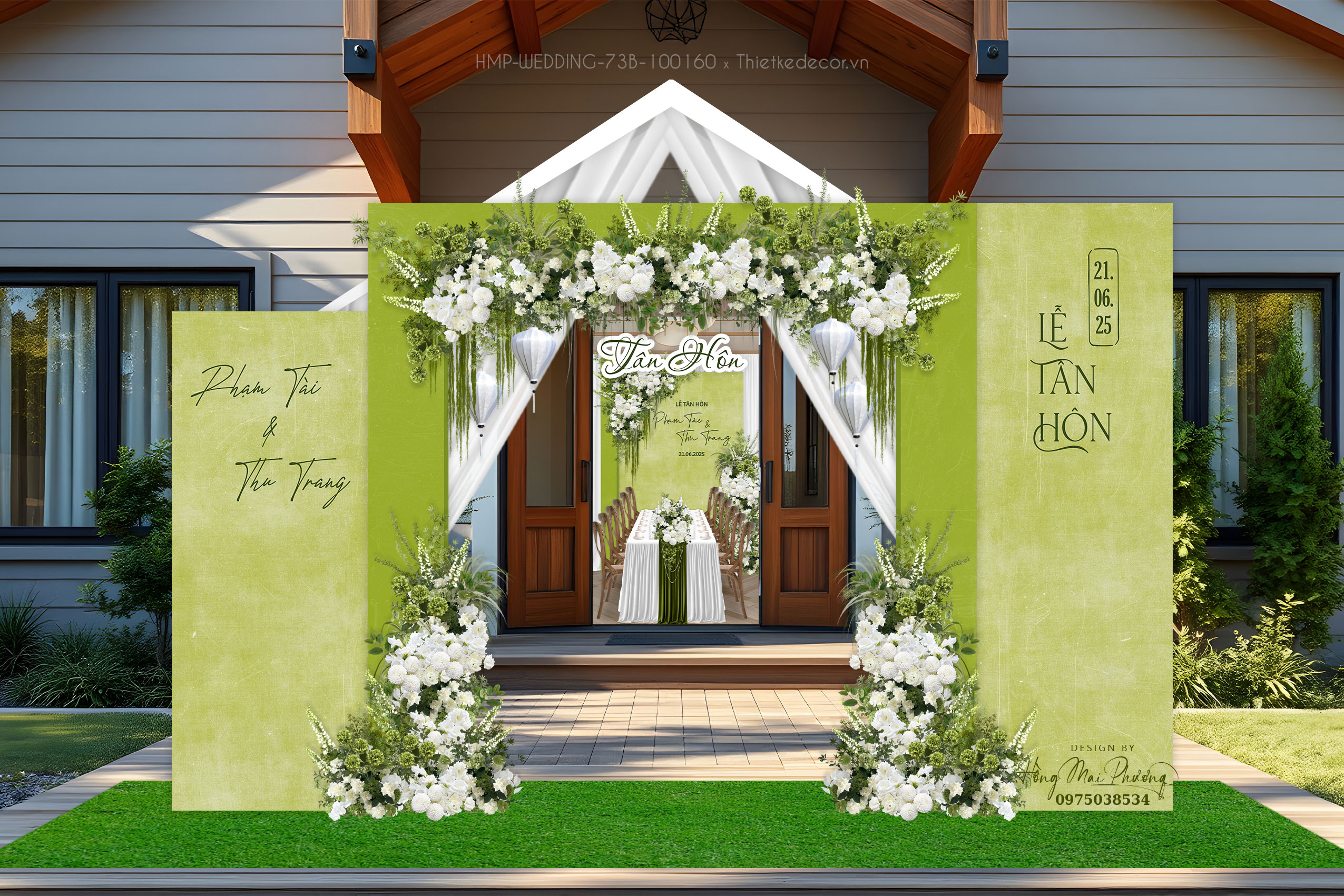 Cổng cưới tone xanh lá nền loang tinh giản